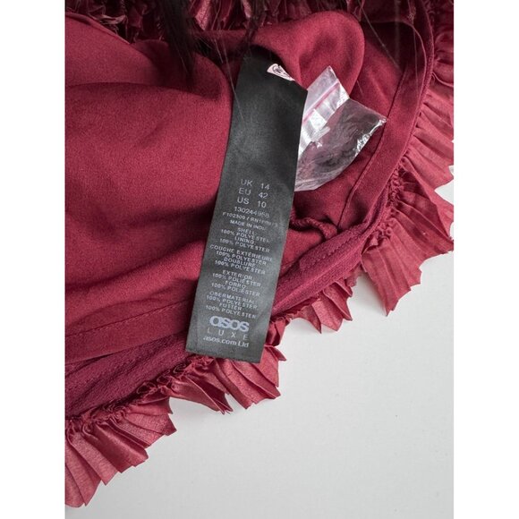 ASOS LUXE Oxblood Red Pleated Ruffle Plunge Neck Mini Halter Dress, Size 10 - Picture 12 of 16